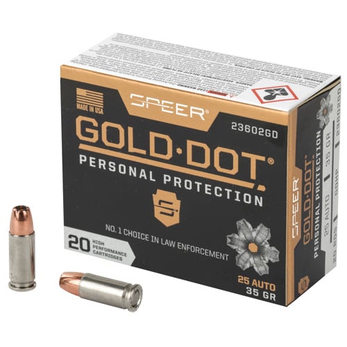 SPEER AMMO Gold Dot 25 ACP 35gr Hollow Point Ammunition | 20 Rounds for sale at KYGUNCO.