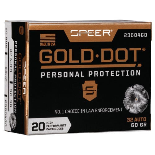 SPEER AMMO Gold Dot Personal Protection 32 ACP 60 gr Hollow Point Ammunition | 20 Rounds