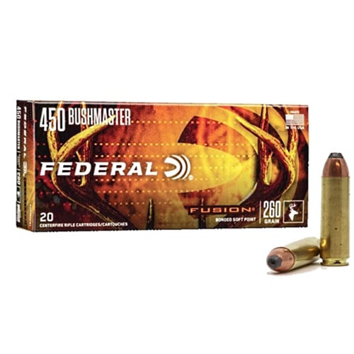 FEDERAL AMMO Fusion 450 Bushmaster 300gr Soft Point Brass Rifle Ammunition | 20 Rounds for sale at KYGUNCO.