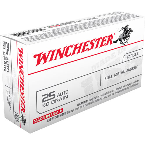 WINCHESTER USA 25 ACP 50 gr Full Metal Jacket Ammunition | 50 Rounds for sale at KYGUNCO.