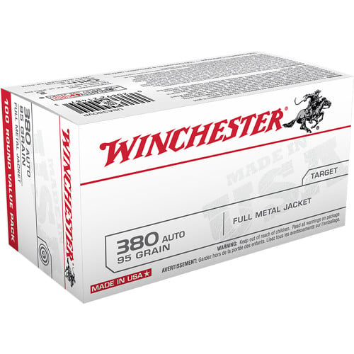 WINCHESTER USA 380 ACP 95 gr Full Metal Jacket Flat Nose Ammunition | 100 Rounds for sale at KYGUNCO.
