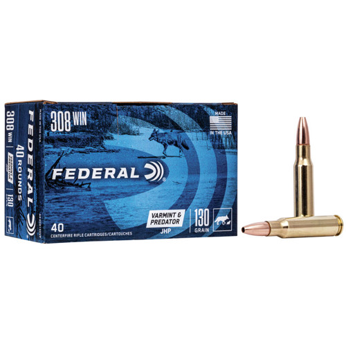 FEDERAL AMMO Varmint & Predator 308 WIN 130gr JHP Brass Rifle Ammunition | 40 Rounds