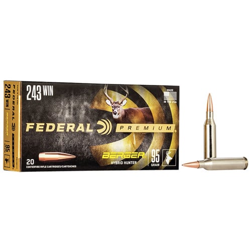 FEDERAL AMMO Premium 243 Win 95gr Berger Hybrid Hunter Ammunition | 20 Rounds for sale at KYGUNCO.