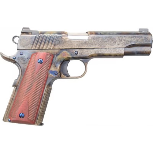 STANDARD MFG 1911 45ACP 5" 7rd Pistol - Engraved Case Hardened | Rosewood Grips for sale at KYGUNCO.