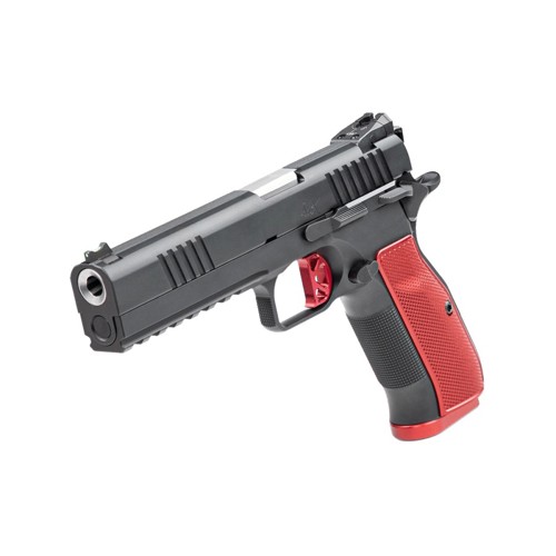 Dan Wesson DWX 9mm 5" 19rd Pistol w/ Fiber Optic Sights | Black w/ Red Grips & Trigger for sale at KYGUNCO.