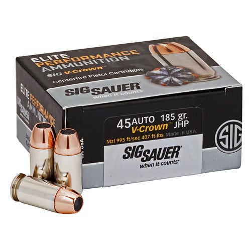 SIG SAUER Elite Defense 45 ACP 185 gr V Crown Jacketed Hollow Point Ammunition | 50 Rounds for sale at KYGUNCO.