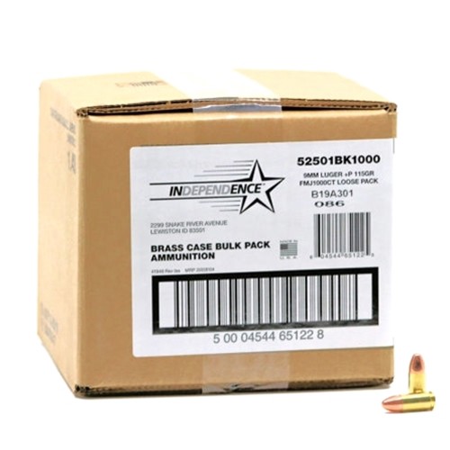 INDEPENDENCE AMMO 9mm +P 115Gr FMJ Brass 1000rd Bulk for sale at KYGUNCO.