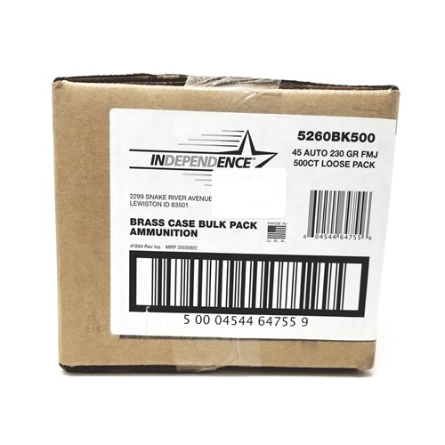 INDEPENDENCE AMMO 45 Auto 230Gr FMJ 500rd Bulk for sale at KYGUNCO.