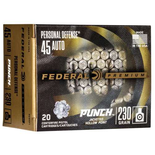 FEDERAL AMMO Personal Defense 45 ACP 230Gr Punch JHP Brass Ammunition | 20 Round