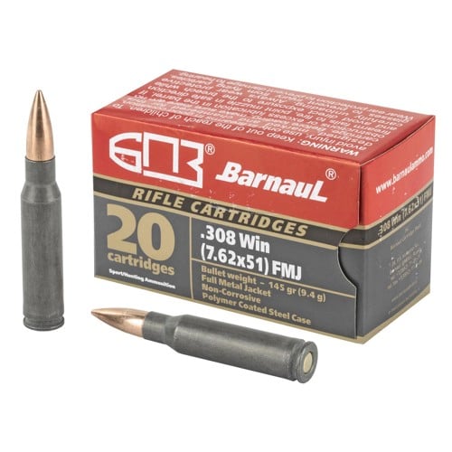 BARNAUL AMMO 308 Win 145gr FMJ Brass Polycoated Steel Case 20rd for sale at KYGUNCO.