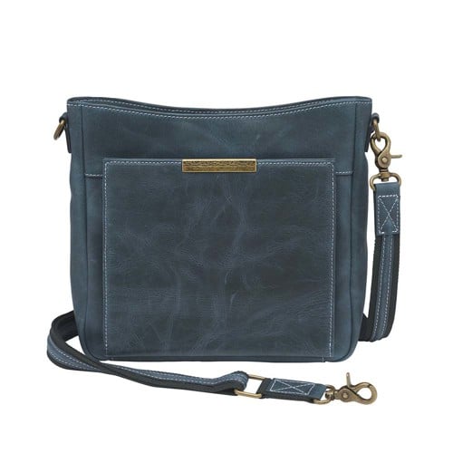 GUN TOTE'N MAMAS Buffalo Leather Slim Crossbody Bag, RFID - Blue for sale at KYGUNCO.