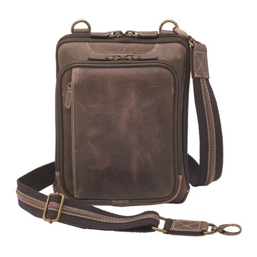 GUN TOTE'N MAMAS Distressed Buffalo Leather X-Body Shoulder Pouche / Purse - Brown for sale at KYGUNCO.