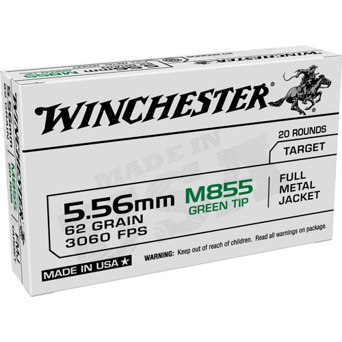 WINCHESTER M855 Green Tip 5.56 NATO 62Gr Full Metal Jacket Brass Ammunition | 20 Round