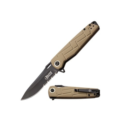 ELITE TACTICAL KNIVES Readiness 3.5" Combo Drop Point Blade - Black / Tan Grips for sale at KYGUNCO.