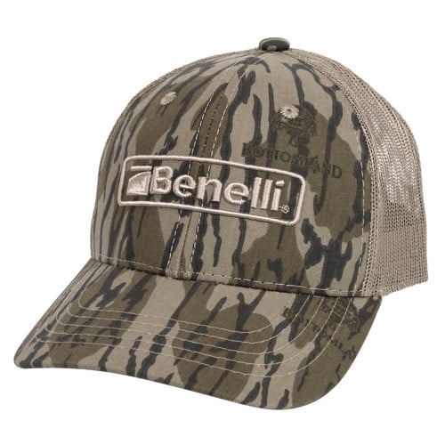 BENELLI Logo Hat - Mossy Oak Bottomland / Tan Mesh for sale at KYGUNCO.