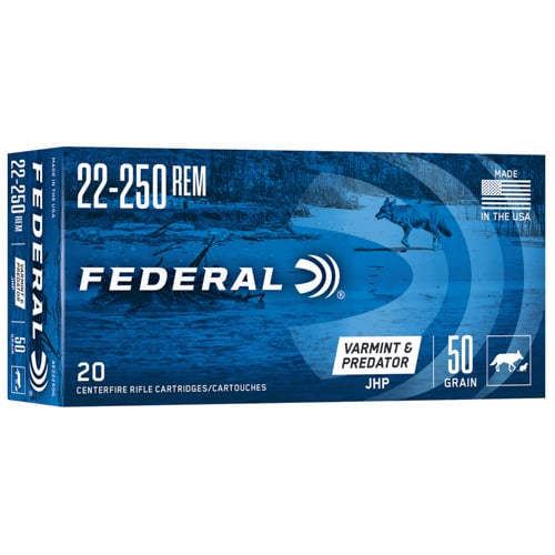 FEDERAL AMMO Varmint & Predator 22-250 Rem 50gr Brass Rifle Ammunition | 20 Rounds for sale at KYGUNCO.