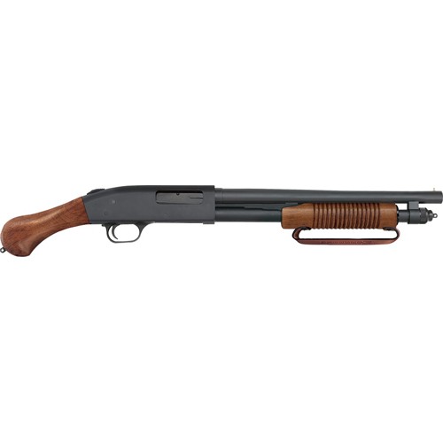 MOSSBERG 590 Shockwave 20 Gauge 3" 14.4" 5rd Pump - Black w/ Wood Raptor Grip & Leather Strap for sale at KYGUNCO.