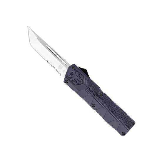 COBRATEC Lightweight NYPD AUTO OTF Knife 3.25" Tanto Serrated Blade w/ Black Aluminum Handles for sale at KYGUNCO.