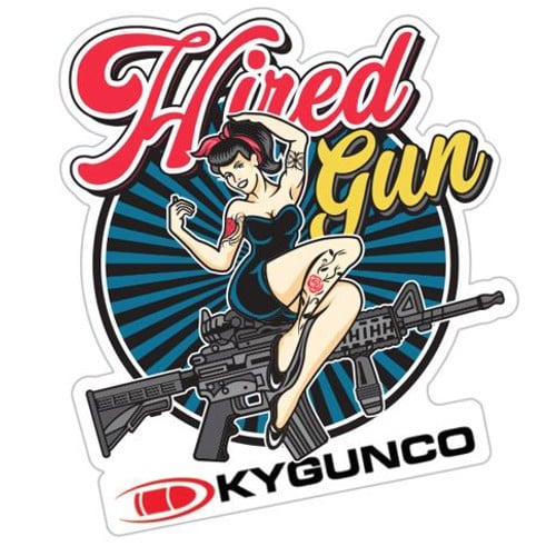 KYGUNCO Hired Gun Pin Up Girl w/ AR15 Sticker for sale at KYGUNCO.