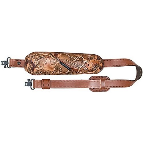 AA&E LEATHERCRAFT Big Game Trophy Gun Sling (Deer Head Emboss) - Brown Leather for sale at KYGUNCO.