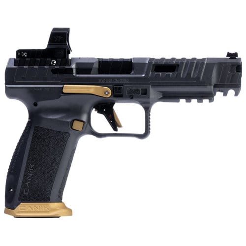 CANIK SFx Rival 9mm 5" 18rd Pistol w/ MeCanik MO2 Red Dot - Grey / Gold Accents for sale at KYGUNCO.