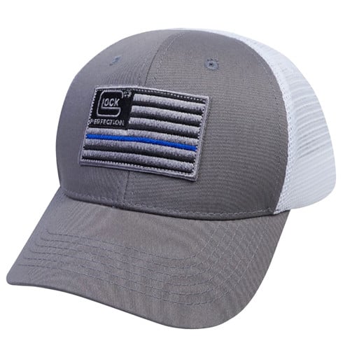 GLOCK Blue Line Flag Mesh Snapback Hat Gray White for sale at KYGUNCO.