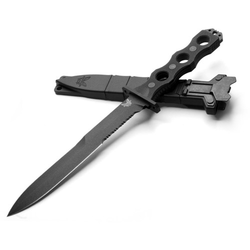 BENCHMADE 185SBK SOCP Fixed Blade Knife 7.11" Double Edge Combo Dagger Blade - Black G10 Handles for sale at KYGUNCO.