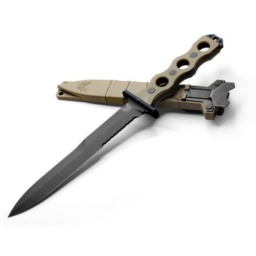 BENCHMADE SOCP Fixed Blade Knife 7.11" Double Edge Combo Dagger Blade - Desert Tan G10 Handles for sale at KYGUNCO.