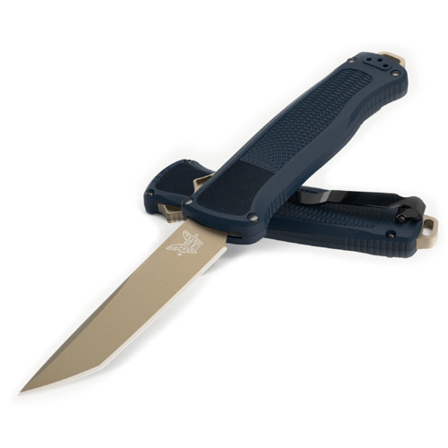 BENCHMADE 5370FE-01 Shootout OTF AUTO Knife 3.51" FDE Tanto Blade - Crater Blue Grivory Handles for sale at KYGUNCO.