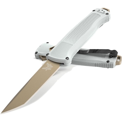 BENCHMADE 5370FE-02 Shootout OTF AUTO Knife 3.51" FDE Tanto Blade - Cool Gray Grivory Handles for sale at KYGUNCO.