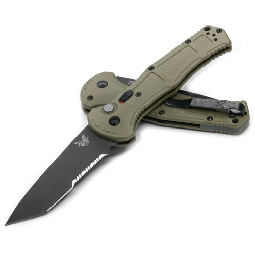 BENCHMADE 9071SBK-1 Claymore AUTO Folding Knife 3.6" Tanto Combo Blade - Ranger Green Grivory Handle for sale at KYGUNCO.