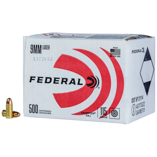FEDERAL AMMO Champion Training 9mm Luger 115 gr Full Metal Jacket Ammunition | 500 Rounds for sale at KYGUNCO.