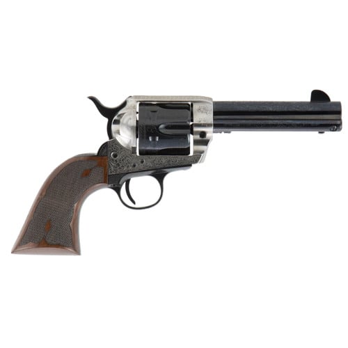 CIMARRON Frontier Pre-Ware 1896-1940 45LC 4.75" 6rd Revolver | Engraved "Old Silver" w/ Walnut Grips for sale at KYGUNCO.