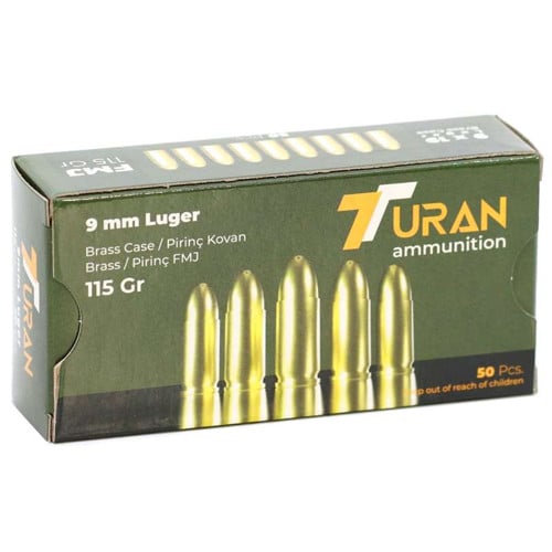 TURAN AMMUNITION 9MM 115Gr Full Metal Jacket, Brass - 50 Round for sale at KYGUNCO.