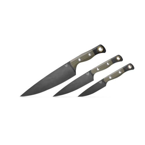 BENCHMADE The 3 Piece Set | Drop Point Blades | OD Green & Black G10 Handles w/ Gold Rings for sale at KYGUNCO.