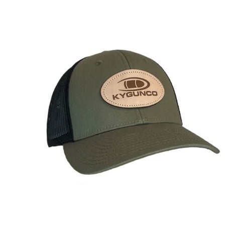 KYGUNCO Leather Logo Patch on Richardson 115 Low-Pro Trucker Cap MD/LG | Loden & Black for sale at KYGUNCO.