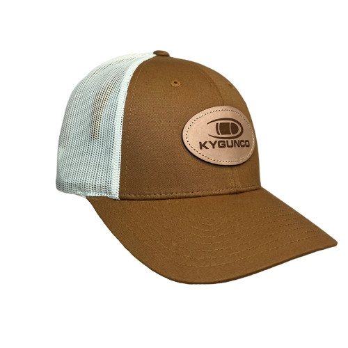KYGUNCO Leather Logo Patch on Richardson 115 Low-Pro Trucker Cap MD/LG | Caramel & Birch for sale at KYGUNCO.