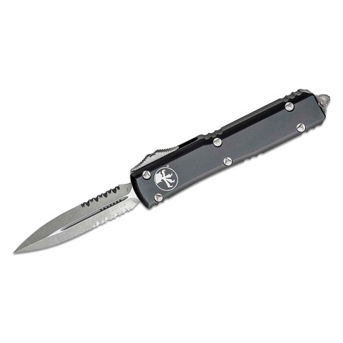 MICRO TECH KNIVES Ultratech AUTO OTF 3.46" Apocalyptic Double Combo Dagger Blade | Black Aluminum for sale at KYGUNCO.