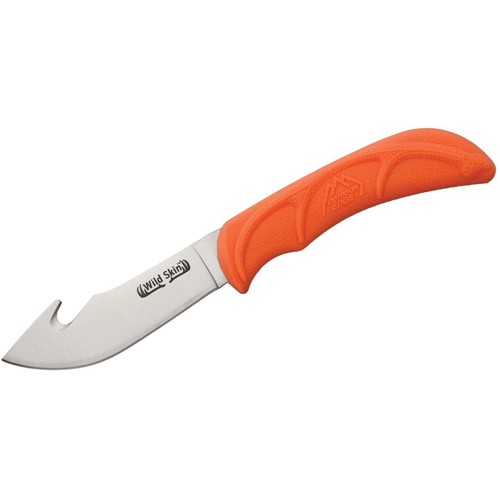 OUTDOOR EDGE Wild-Skin Hunting Knife 3-7/8" Fixed Satin Blade w/ Gut Hook | Orange Rubber Handle for sale at KYGUNCO.