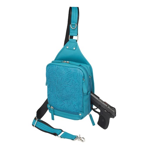 GUN TOTE'N MAMAS Mini Sling, Debossed USA Cowhide Conceal Carry Cross Body Purse | Turquoise Blue for sale at KYGUNCO.
