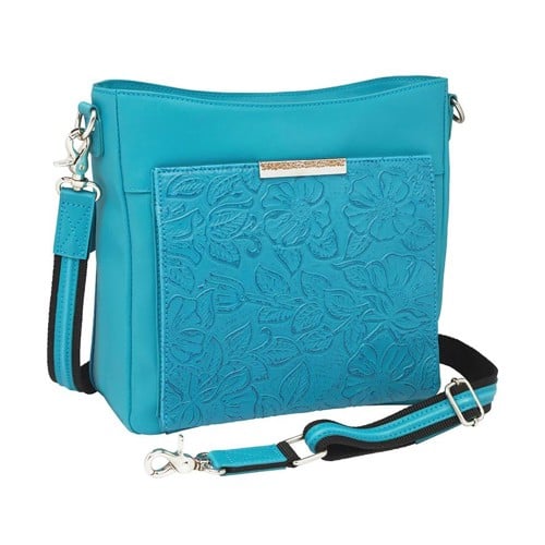GUN TOTE'N MAMAS Slim Crossbody, Debossed USA Cowhide Conceal Carry Purse | Turquoise Blue for sale at KYGUNCO.