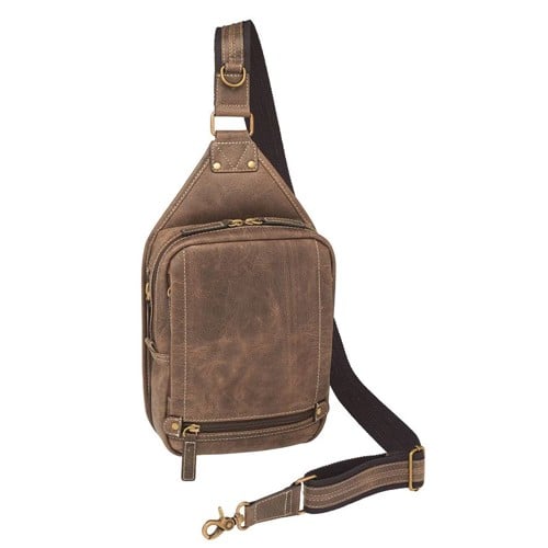 GUN TOTE'N MAMAS Mini Sling, Distressed Buffalo Leather Conceal Carry Purse | Brown for sale at KYGUNCO.