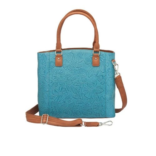 GUN TOTE'N MAMAS Town Tote, Debossed USA Cowhide in Turquoise Blue Tooled + Plain Cowhide for sale at KYGUNCO.
