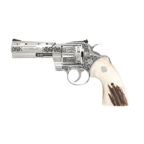 COLT Python 357 Mag / 38 Special 4.25" 6rd Revolver | TGW Premier Engraving + Elk Stag Grips for sale at KYGUNCO.