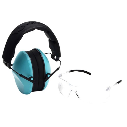 PYRAMEX Clear Lens with VG Low Profile Powder Blue Earmuff for sale at KYGUNCO.