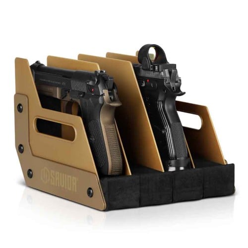 SAVIOR EQUIPMENT 4 Pistol Revolver Storage Gun Rack RAL8000 Tan for sale at KYGUNCO.