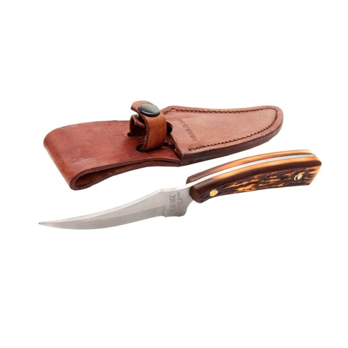 BEAR & SON 7.25" Stag Delrin Upswept Skinner w/Leather Sheath for sale at KYGUNCO.