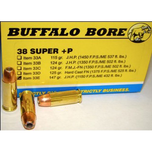 BUFFALO BORE 38 Super +P 147Gr JHP (1150FPS/ME 432 ft lbs) 20rd for sale at KYGUNCO.