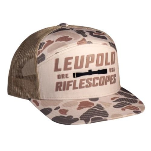 LEUPOLD 7 Panel Trucker Light Tan/Harvest Duck Camo for sale at KYGUNCO.