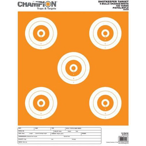 CHAMPION Shotkeeper, 5 Bulls Bright Orange/White Large 12pk for sale at KYGUNCO.